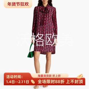 沃格 D早春新款柔美红粉锁链印花大飘带领直身长袖优雅衬衫连衣裙