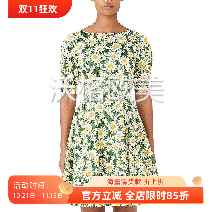 沃格美国KS牌春夏新款清新减龄黄绿白雏菊印花泡泡袖真丝棉连衣裙