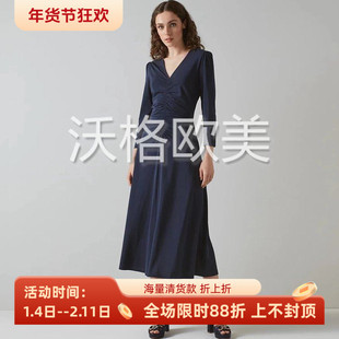 沃格LKB早春新款经典深蓝色褶皱弹力腰A字中长优雅轻薄针织连衣裙