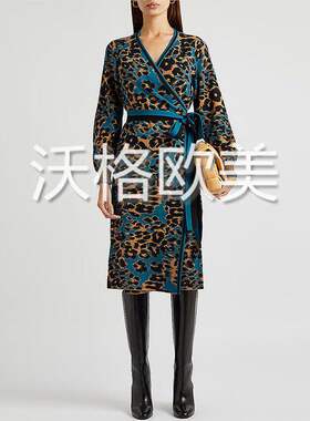 沃格 美国D牌秋冬新款黑蓝棕撞色豹纹印花经典系带围裹针织连衣裙