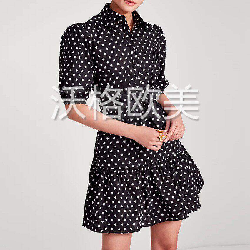 沃格 美国KS春夏新款复古黑白波点印花系带A字优雅纯棉衬衫连衣裙
