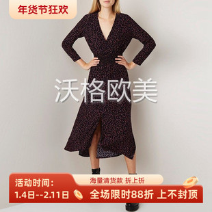 沃格 法国M牌秋冬新款红黑点点印花弹力腰前短后长开衩人丝连衣裙