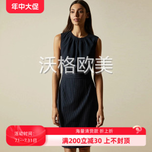 深蓝纯色拼竖条纹后开衩通勤优雅铅笔连衣裙 沃格英国TB牌秋冬新款