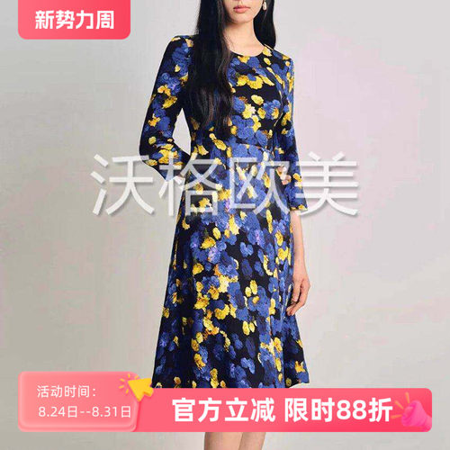 沃格 LKB春夏新款浪漫黄蓝油画花朵印花显瘦优雅七分袖人丝连衣裙