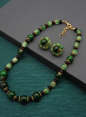 复古气质绿玛瑙琉璃串珠项链