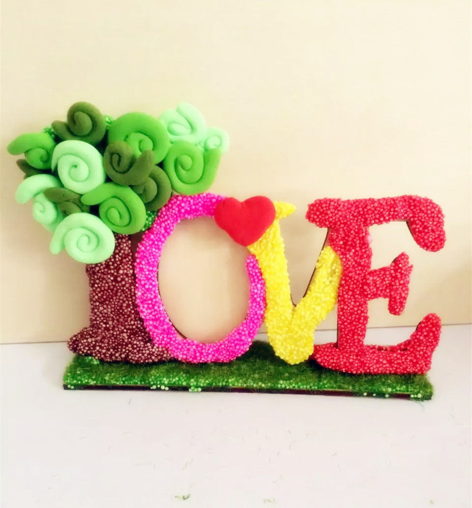 儿童手工diy美劳幼教雪花珍珠彩泥轻土捏塑白胚原木love相框卡通