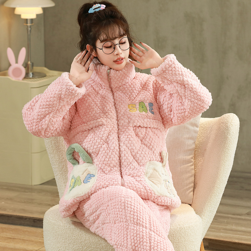 外出睡衣女珊瑚绒夹棉孕妇秋冬加厚加绒哺乳怀孕期月子服保暖套装