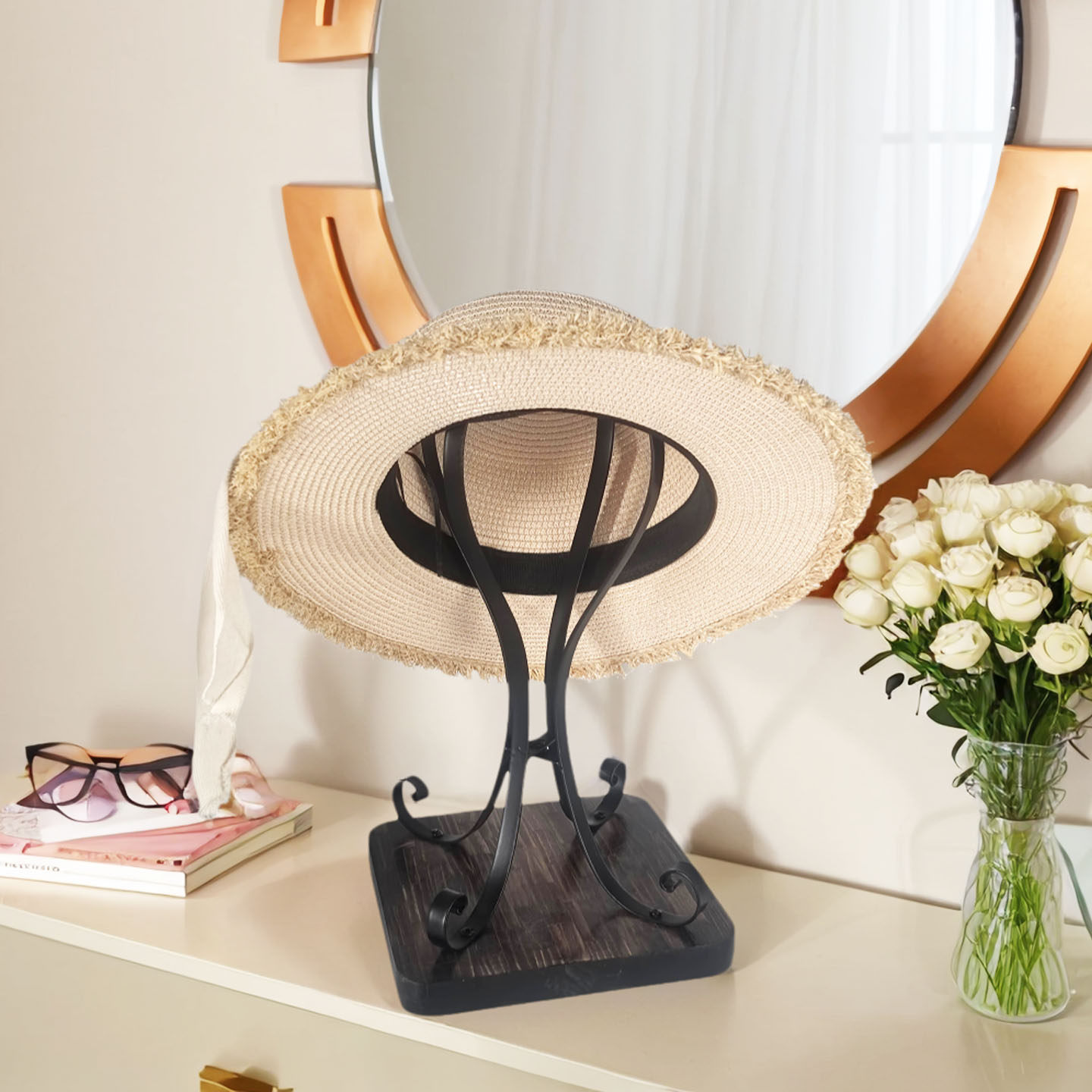 实木座桌面帽子头盔收纳架