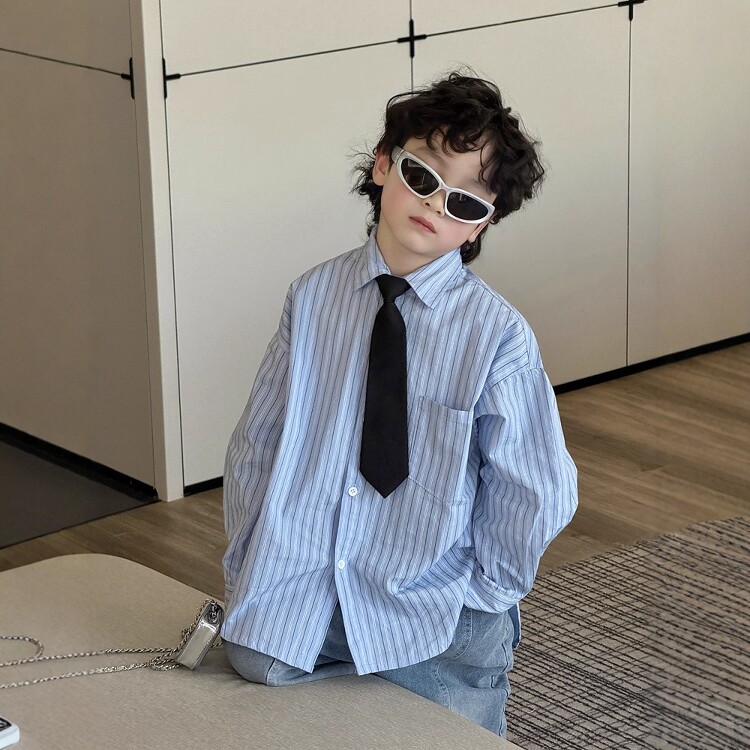 日本JGYPDM2026新款男童早秋条纹衬衣长袖领带衬衫儿童学院风上衣