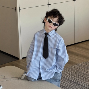 日本JGYPDM2026新款男童早秋条纹衬衣长袖领带衬衫儿童学院风上衣