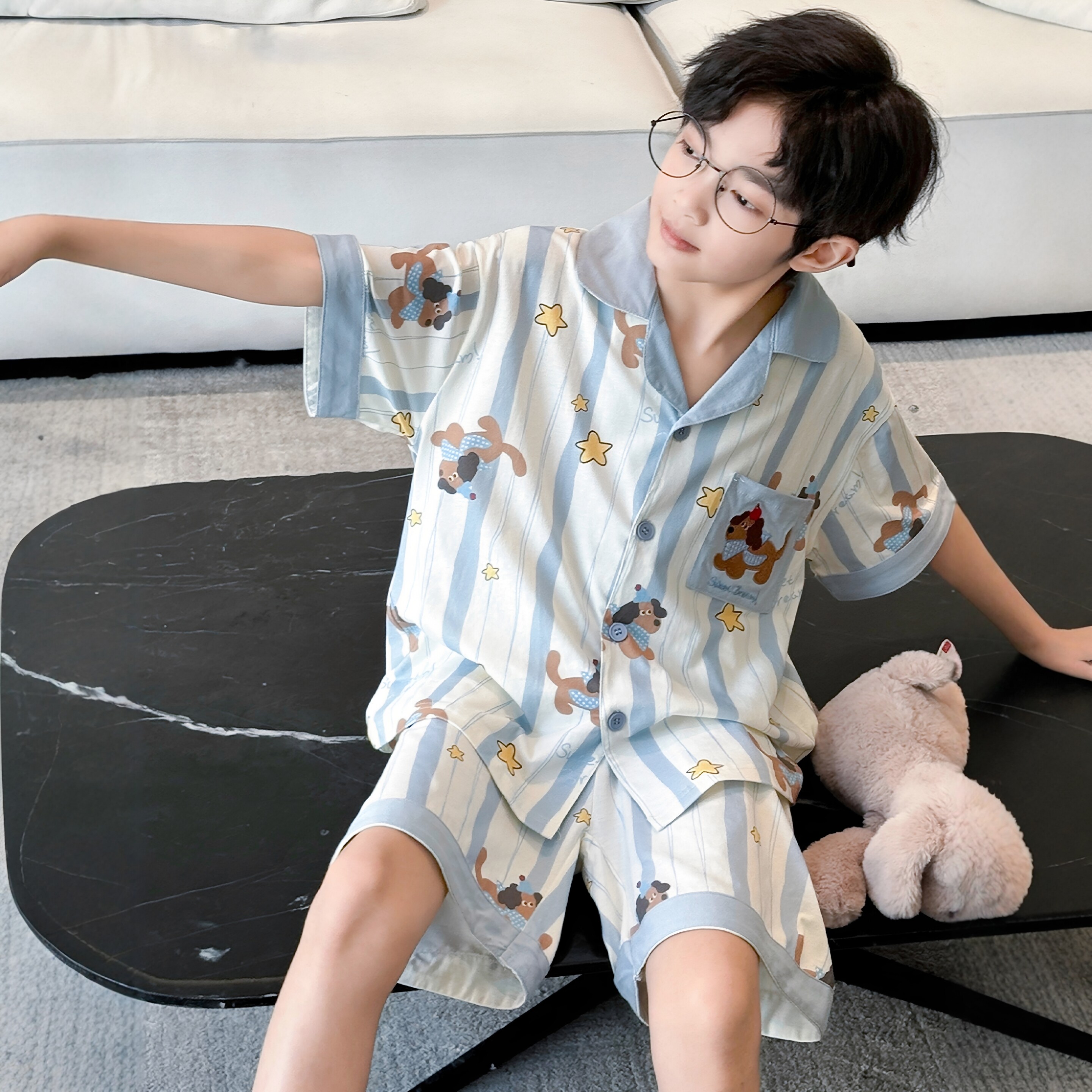 日本JGYP2026新款男童睡衣套装夏季薄款冰丝短袖儿童家居服两件套