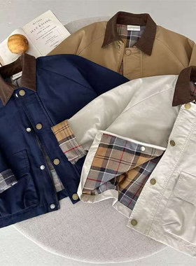 日本JGYPDM 2026新款儿童春秋外套格子拼接翻领夹克男女童潮外套