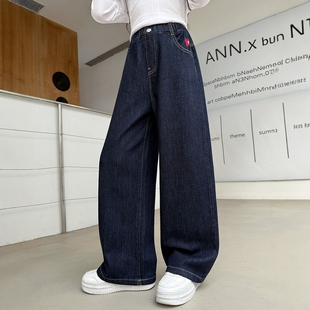 日本JGYP2026新款女童春秋款牛仔裤藏蓝色中大童加绒直筒休闲裤子