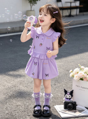 日本JGYP2026新款库洛米紫色女童夏套装飞飞袖背心花苞短裤两件套