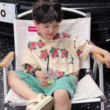日本JGYPDM 2025新款男童夏季花衬衫短袖痞帅上衣港风男孩套装