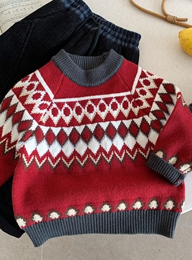 日本JGYPDM 2026新款儿童费尔岛风提花毛衣春秋圆领针织衫打底衫