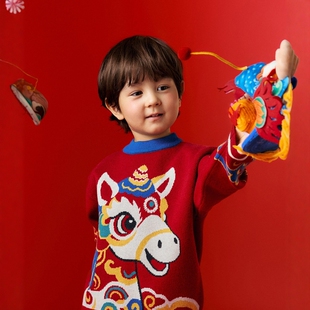 日本JGYPDM 2026新款儿童毛衣红色马年过年套装本命年喜庆年服男