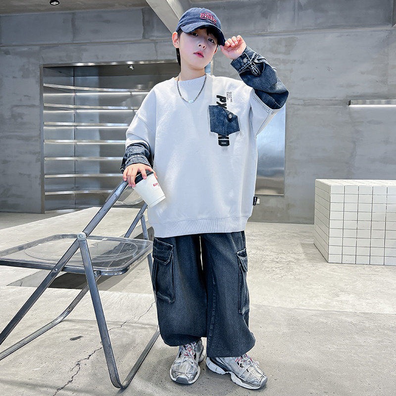 日本JGYP2026新款男童春季套装痞帅时髦帅气卫衣牛仔裤两件套大童