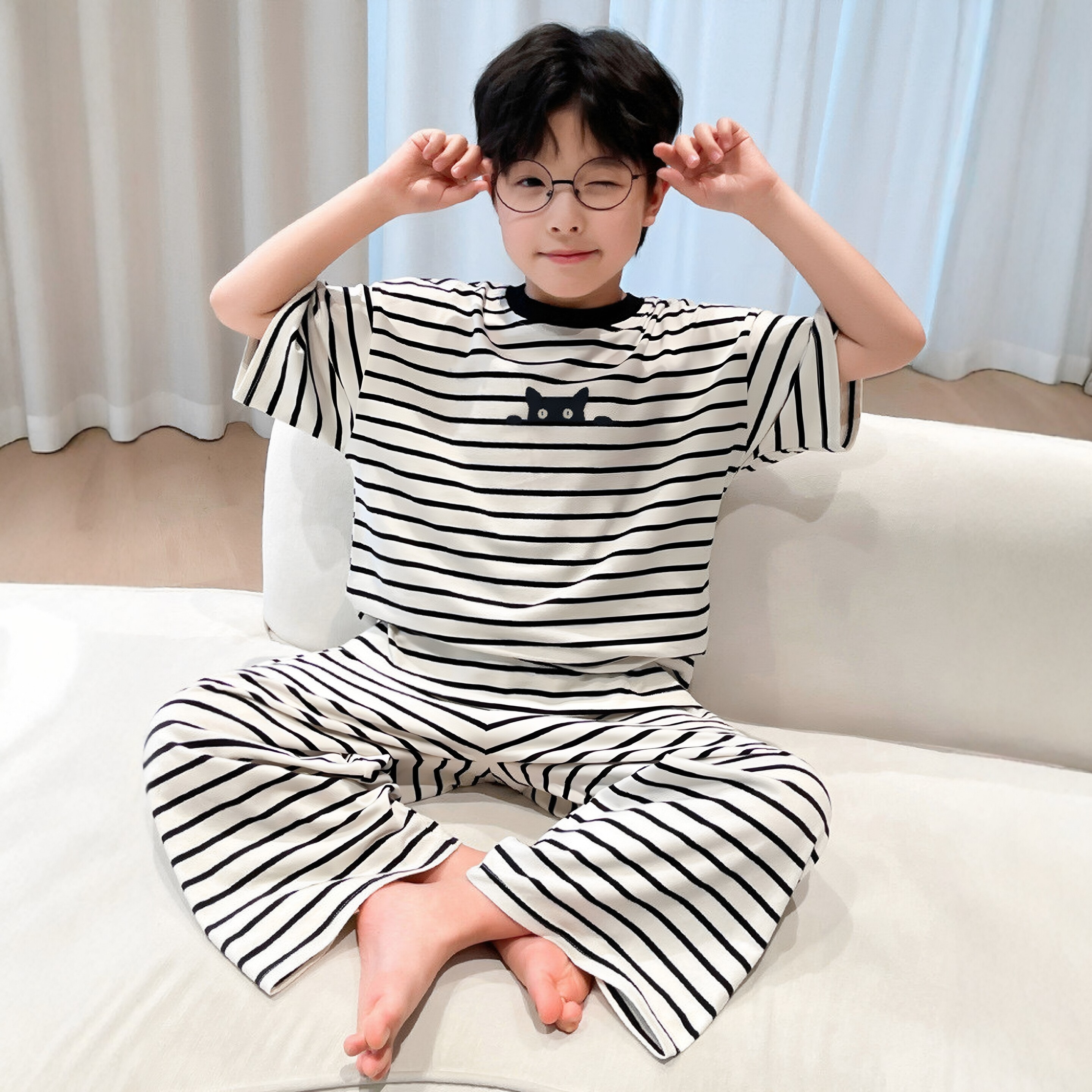 日本JGYP2026新款男童睡衣套装中大童薄款条纹短袖夏季宽松家居服