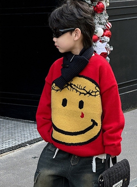 日本JGYPDM 2026新款儿童笑脸毛衣红色喜庆拜年服男童春秋保暖衫