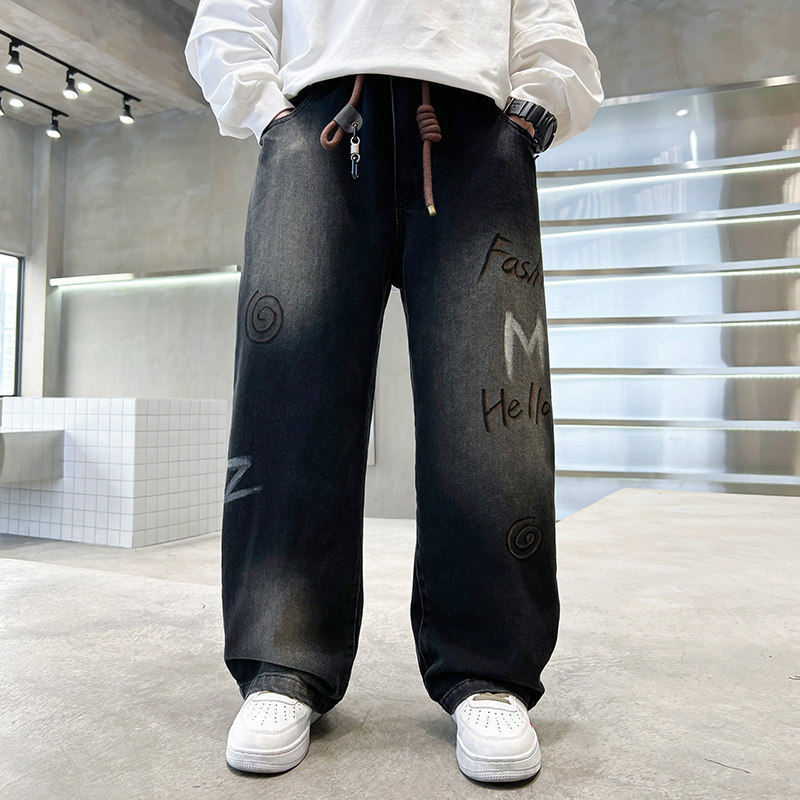 日本JGYP2026新款男童春秋裤子中大童痞帅潮酷牛仔裤阔腿直筒裤子