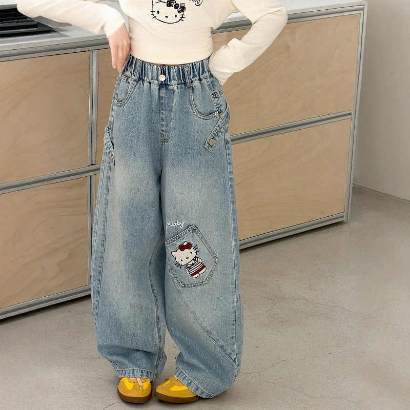 日本JGYP2026新款女童春装工装牛仔裤洋气大童KT猫直筒裤宽松阔腿
