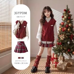 日本JGYP2026新款女童红色学院风套装衬衫马甲连衣裙三件套中大童