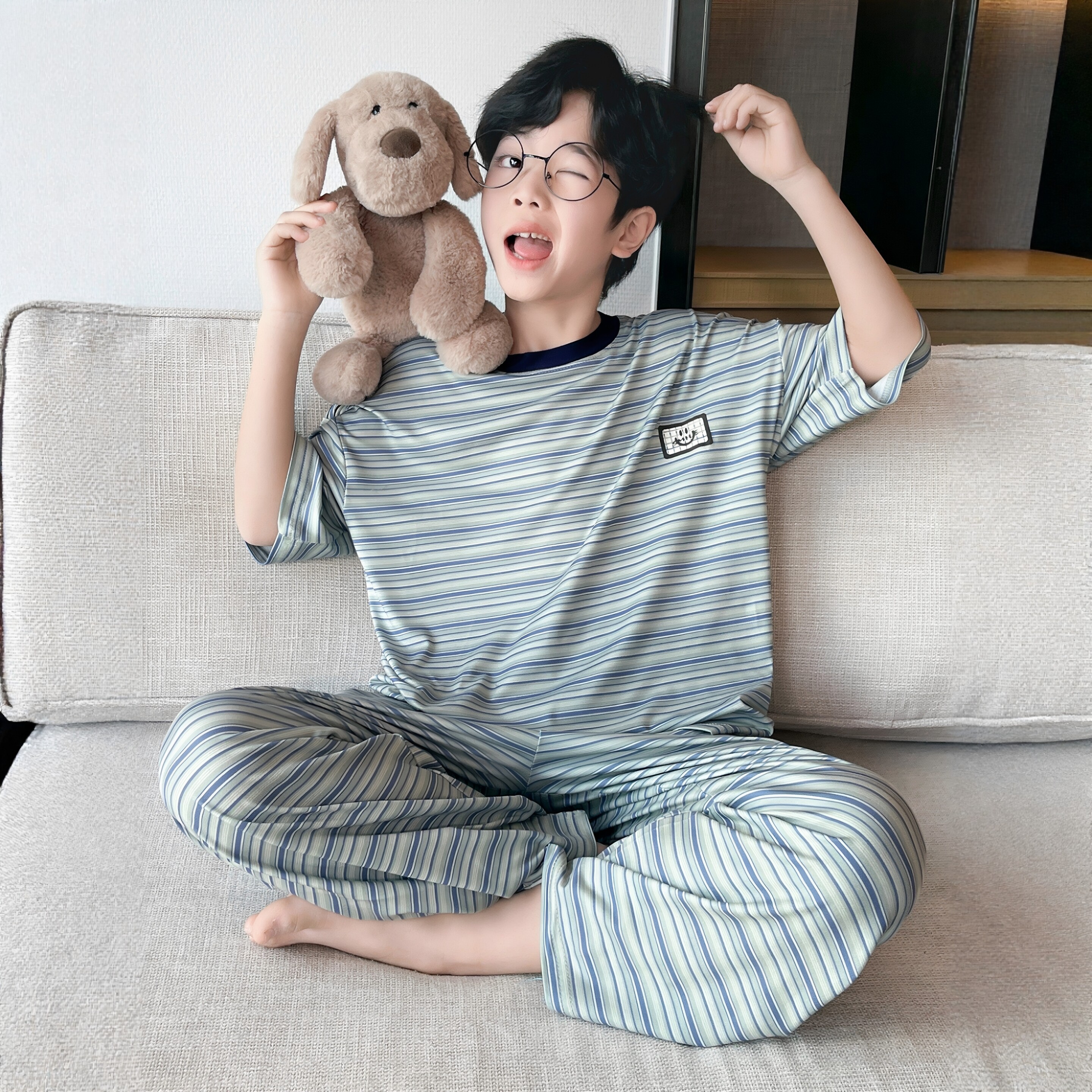 日本JGYP2026新款男童短袖睡衣夏季中大童冰丝衣服男孩宽松家居服