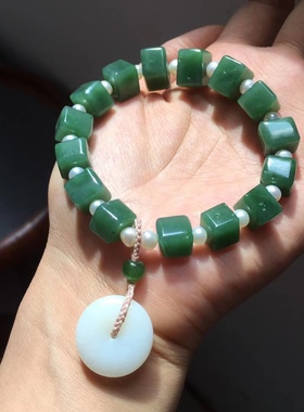 天然和田玉碧玉菠菜绿阳绿白玉方珠珍珠圆珠设计款手串手链带证书