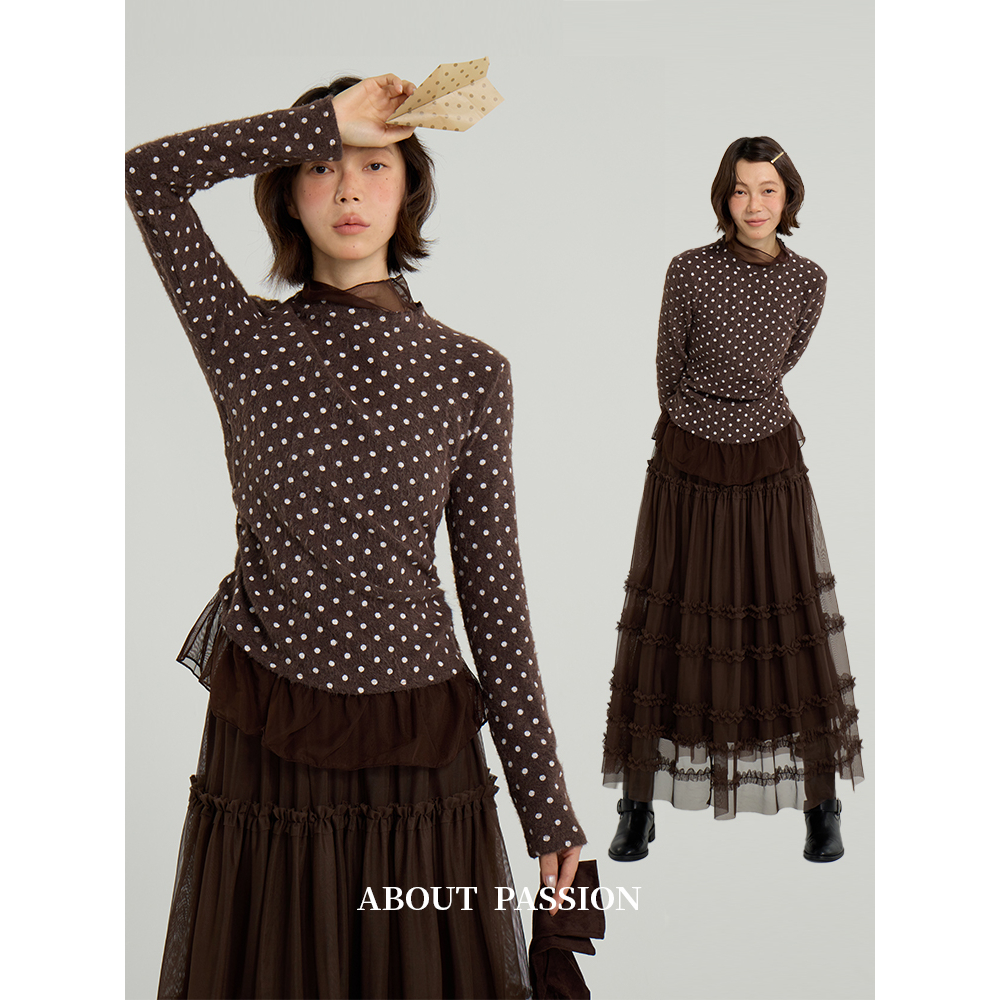 波点拼接网纱假两件上衣