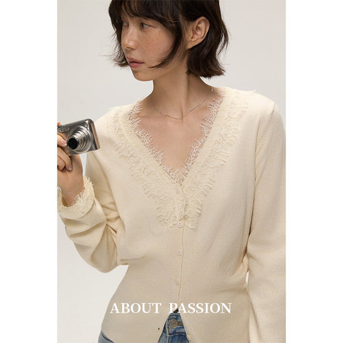 v领蕾丝边针织衫长袖上衣女秋冬