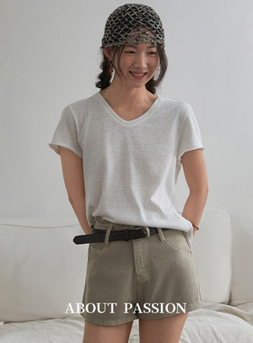 About Passion · 高腰毛边A字短裤阔腿裤女秋卡其色裤子