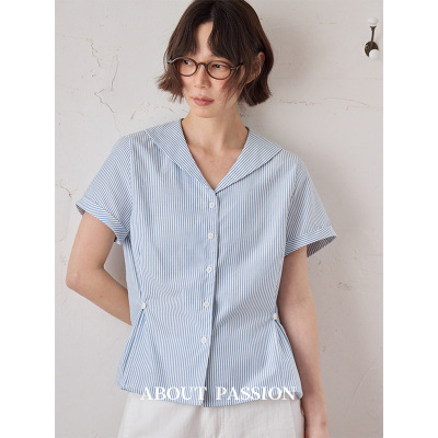About Passion · 蓝色短袖衬衫女款2026新款海军领条纹收腰衬衣