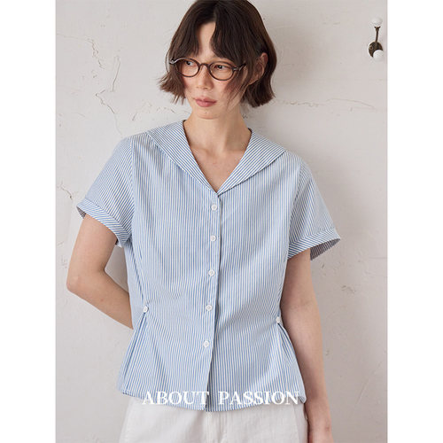 About Passion · 蓝色短袖衬衫女款2026新款海军领条纹收腰衬衣