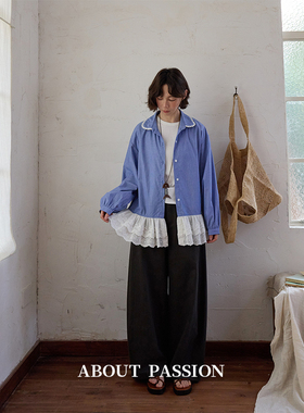 About Passion · 拼接蕾丝荷叶摆条纹衬衫