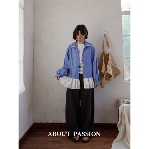 About Passion · 拼接蕾丝荷叶摆条纹衬衫