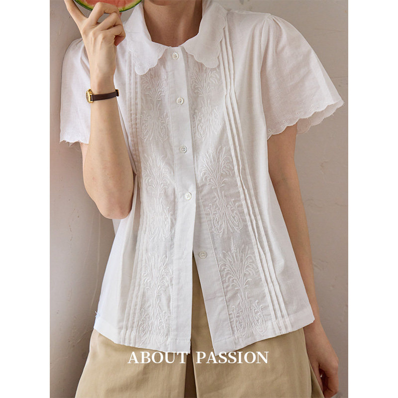 About Passion花边领白色短袖衬衫女上衣法式气质纽扣衬衣T恤夏季