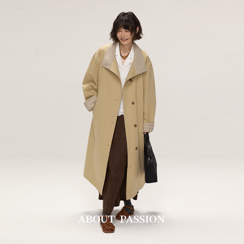 About Passion · 秋季格纹拼接边中长款风衣早秋英伦风休闲外套