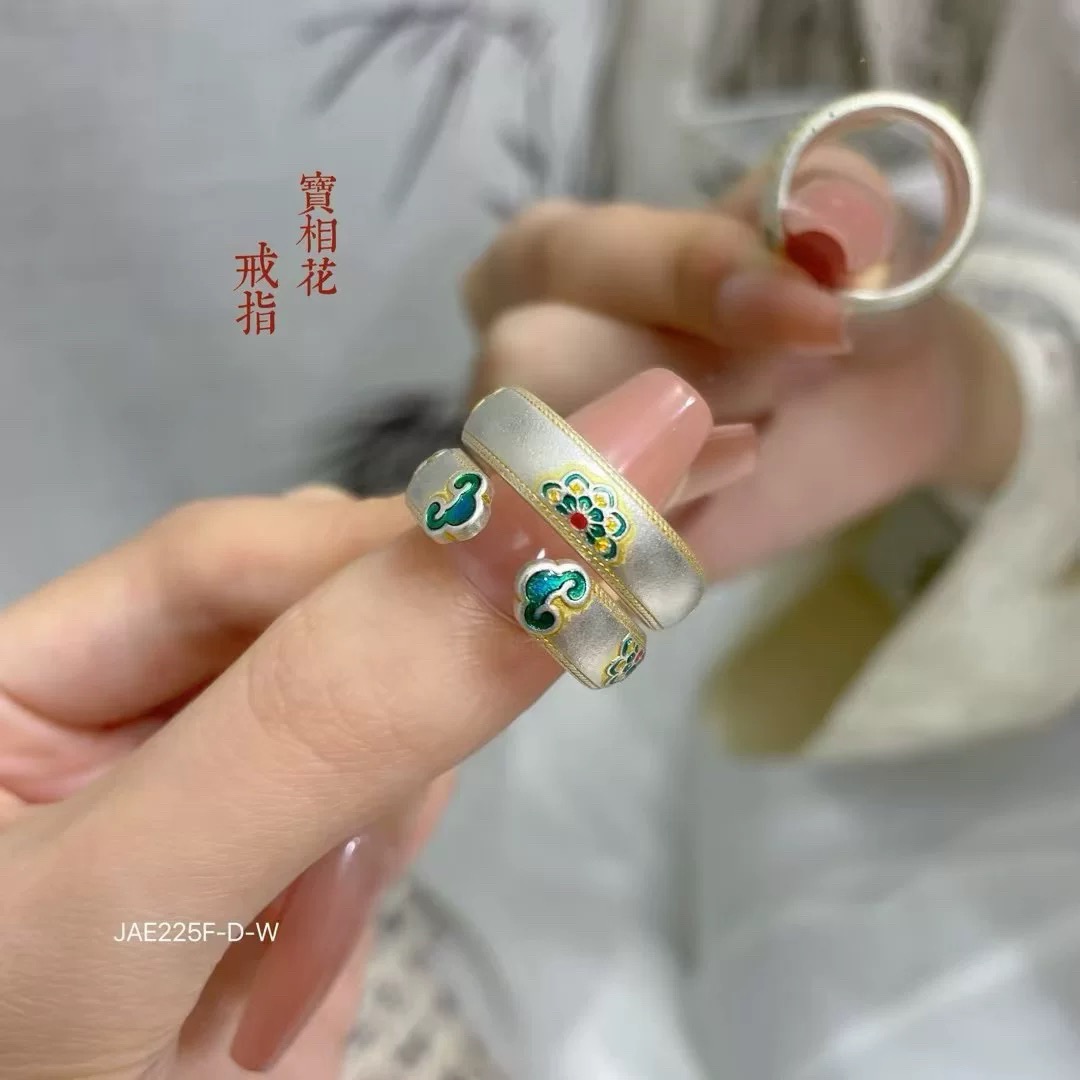 足银9999纯银戒指女珐琅彩描金开口三朵宝相花如意开口银戒轻奢戒