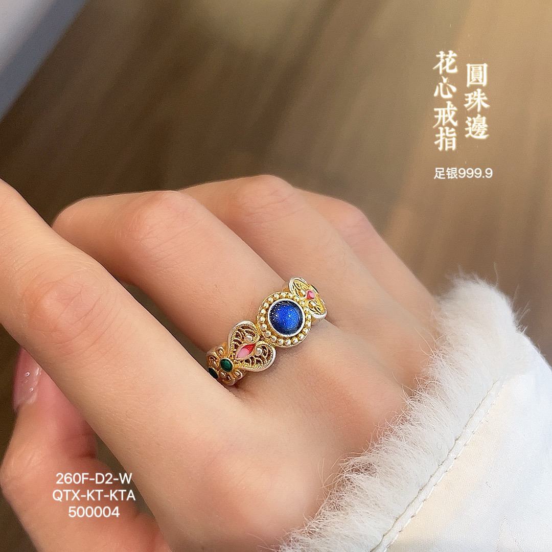 S9999足银十二金钗戒指宝钗纯银新中式银手指环可调节描金珐琅彩
