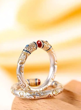 足银9999吉言描金纯银戒指女珐琅彩招财猫平安喜乐指环新中式戒指