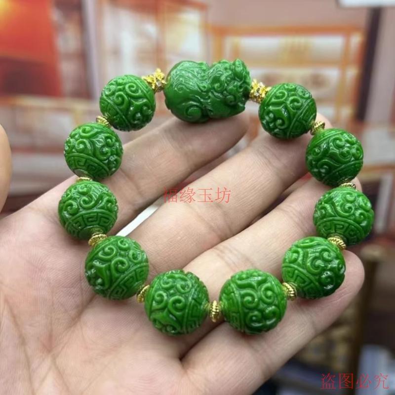 精品干青翡翠手串精雕貔貅花纹圆珠手链简约百搭男女款手饰