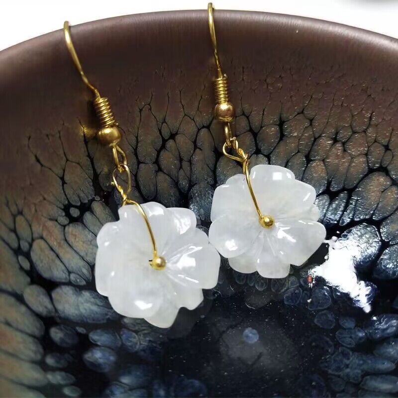 手工天然玉石花翡翠耳环女