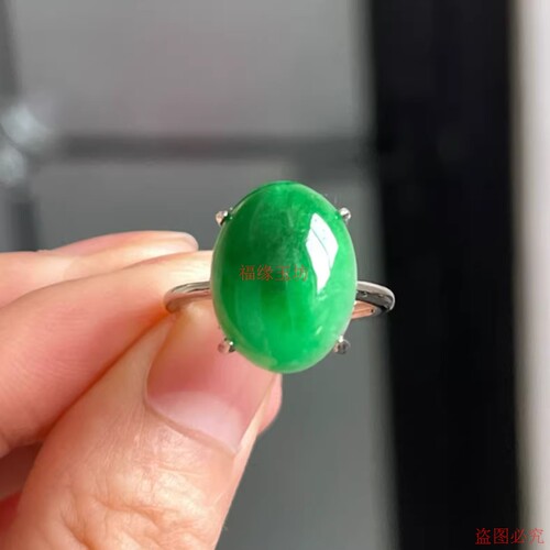 精品缅甸翡翠戒指辣绿色蛋面925银镶嵌指圈满绿飘花女款活口手饰