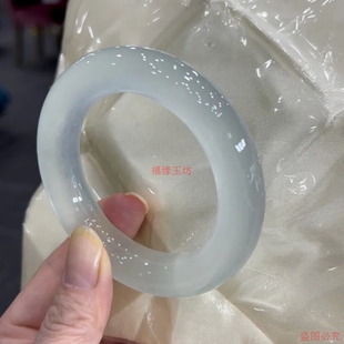 精品缅甸翡翠手镯冰透水润浅蓝色晴水福镯女款胖圆条玉石镯子手饰
