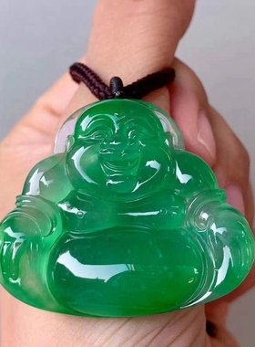 翡翠飘绿雕工配证书佛公吊坠