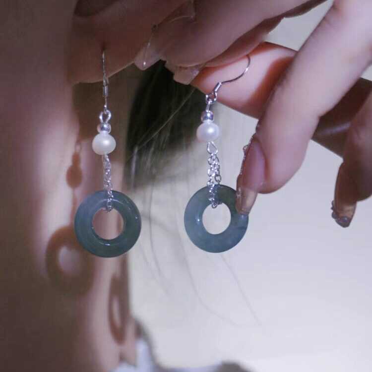 天然翡翠平安扣耳环蓝水甜甜圈新中式耳坠S925纯银耳饰礼物女