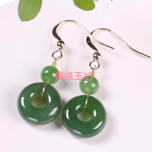 原创天然和田玉碧玉平安扣耳环女款14K包金老料碧玉耳坠玉石耳坠