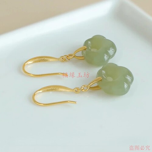 如意锁耳环女925银精品和田玉