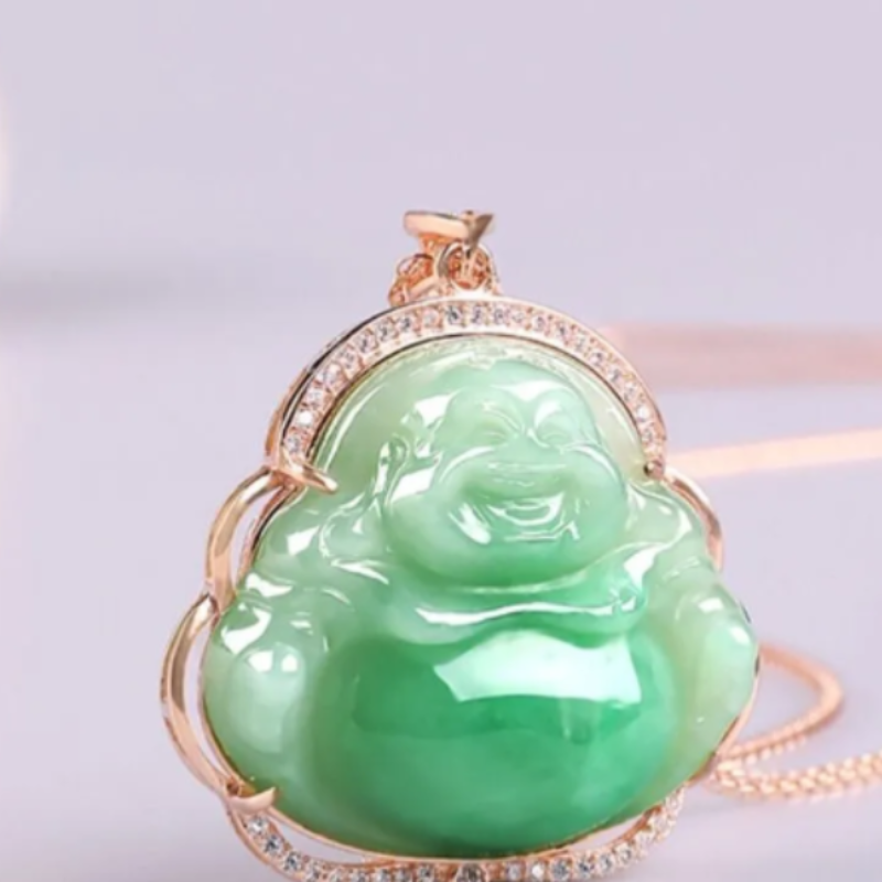 新品翡翠色吊坠女玉佛挂坠冰糯种飘绿925银镶嵌笑佛配项链玉挂件